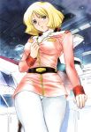  belt blonde_hair blue_eyes blush gundam hangar highres kobayashi_hiyoko military military_uniform mobile_suit_gundam pantyhose sayla_mass short_hair space_craft uniform white_base white_legwear 