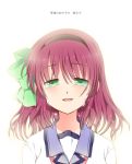  green_eyes hair_ribbon hairband open_mouth purple_hair ribbon school_uniform short_hair solo tears touon translated yuri_(angel_beats!) 