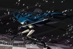  black_rock_shooter_(character) blue_eyes blue_hair boots chain glowing glowing_eyes highres jacket long_hair midriff shorts solo sword tani_takeshi tanitakeshi twintails uneven_twintails very_long_hair weapon 