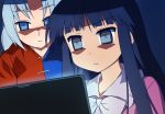  commentary_request computer expressionless eye_reflection grey_hair houraisan_kaguya laptop long_hair reflection stare tonbi touhou yagokoro_eirin 