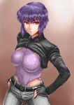  age-zero breasts fingerless_gloves ghost_in_the_shell ghost_in_the_shell_stand_alone_complex gloves hands_on_hips highres jacket kusanagi_motoko leotard purple_hair red_eyes short_hair solo sunaipu_(age-zero) 