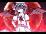  blue_hair dress fang frills full_moon glowing glowing_eyes grin hand_on_hip hat kuroma_(no_plan) letterboxed moon niya_(pixiv1723870) red_eyes red_moon remilia_scarlet ribbon short_hair smile solo touhou wings wrist_cuffs 