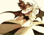  face foreshortening hand_on_own_chest hands hat monochrome open_mouth outstretched_arm outstretched_hand remilia_scarlet sepia short_hair sugi touhou wings 
