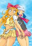  back-to-back crossdressinging hat hikari_(pokemon) holding_hands lion_(macross_frontier) masatoshi oekaki parody pokemon pokemon_(anime) satoko_(pokemon) satoshi_(pokemon) 