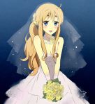  blonde_hair blue_eyes bouquet bridal_veil bride dress flower gloves hair_ornament jewelry k-on! kotobuki_tsumugi kunie_(seppa) long_hair necklace solo veil wedding_dress 