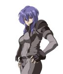  bodysuit breasts fingerless_gloves ghost_in_the_shell ghost_in_the_shell_stand_alone_complex gloves hands_on_hips jacket kusanagi_motoko nasunasunasubi red_eyes simple_background solo 