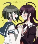  2girls :d ahoge blush brown_hair dangan_ronpa fukawa_touko glasses green_eyes hair_ornament hairclip holding_hands kurimilove long_hair mole mole_under_mouth multiple_girls naegi_komaru open_mouth round_glasses school_uniform serafuku short_hair smile translation_request very_long_hair wavy_mouth zettai_zetsubou_shoujo 