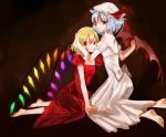  bare_shoulders barefoot bat_wings dress feet flandre_scarlet formal glowing holding_hands hug kneeling kol49 no_hat no_headwear red_dress red_eyes remilia_scarlet short_hair siblings sisters touhou white_dress wings 