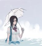  bag brown_eyes brown_hair holding ribbon school_uniform solo umbrella wading water wet wet_clothes 