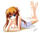  blue_eyes breasts chin_rest cleavage dress dripping feet icicle katsuki_ichiru legs_up long_hair lying mouth_hold neon_genesis_evangelion on_stomach orange_hair popsicle shadow shikinami_asuka_langley signature simple_background solo souryuu_asuka_langley white_dress 