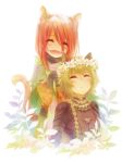  7d animal_ears blush cat_ears cat_tail closed_eyes fangs flower green_hair open_mouth red_hair redhead tail zhuo_mi 