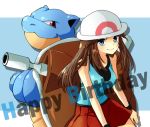  1girl blastoise blue_(pokemon) blue_eyes brown_hair english happy_birthday hat long_hair mokorei pokemon pokemon_(creature) pokemon_special smile wristband 