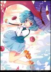  blue_hair geta hara_yui heterochromia karakasa karakasa_obake red_eyes short_hair solo tatara_kogasa tongue touhou umbrella 