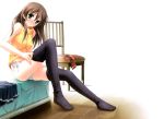  absurdres adjusting_thighhigh bed blush dressing green_eyes highres itou_hinako kantoku legs long_hair natsu_no_ame no_pants panties side-tie_panties sitting thigh-highs thighhighs underwear 