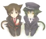  animal_ears brown_eyes brown_hair cat_ears cat_tail company_connection crossover green_hair hat key_(company) kneeling little_busters!! male naoe_riki naoi_ayato school_uniform short_hair tail ura_(artist) yellow_eyes yuzura_(tsukiyuri) 