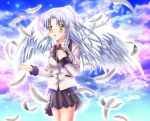  angel_beats! blazer blue_hair feathers long_hair school_uniform sensui_akane tachibana_kanade yellow_eyes 