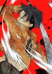  1boy action ascot black_hair jacket komashiro levi_(shingeki_no_kyojin) shingeki_no_kyojin solo sword three-dimensional_maneuver_gear weapon wire 