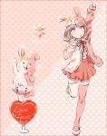  1girl animal_hood blush bow bunny_hood dangan_ronpa flipped_hair hair_ornament hairclip heart hoodie mismatched_legwear monomi_(dangan_ronpa) monomi_(dangan_ronpa)_(cosplay) nanami_chiaki pall pink pink_eyes pink_hair pink_legwear pink_skirt short_hair skirt smile super_dangan_ronpa_2 thigh-highs zettai_ryouiki 