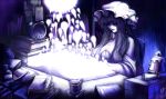  book candle clock cup frown hat lipstick long_hair magic monochrome paintbrush patchouli_knowledge purple scroll shaded_face sitting teacup touhou 