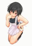  1girl amagami apron black_hair blush brown_eyes competition_swimsuit finger_to_mouth from_above nanasaki_ai one-piece_swimsuit pocky sasaki_akira_(ugc) short_hair socks solo swimsuit 