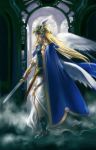  armor armored_dress blonde_hair blue_eyes cape helmet highres long_hair original pafu_pafu sword valkyrie weapon 