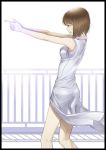  aerodog brown_eyes brown_hair dress finger_gun hagiwara_yukiho idolmaster inu_(aerodog) parody pointing railing short_hair sweat yu_yu_hakusho yuu_yuu_hakusho 