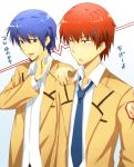  blue_eyes blue_hair blush hand_on_shoulder highres hinata_(angel_beats!) male otonashi_(angel_beats!) prime red_eyes red_hair translation_request 