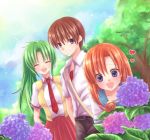  flower friends green_hair happy heart higurashi_no_naku_koro_ni hydrangea laughing maebara_keiichi maekawa_suu necktie orange_hair ponytail ryuuguu_rena skirt snail sonozaki_mion vest 