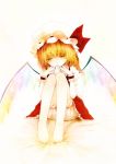  blonde_hair chinchickrin digital_media_player feet flandre_scarlet hat ipod ponytail short_hair side_ponytail solo touhou wings 
