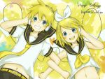  blonde_hair blush brother_and_sister corekadoya grin hair_ornament hair_ribbon hairclip hand_on_ear hand_on_headphones headphones kadokoa kagamine_len kagamine_rin locked_arms looking_at_viewer navel necktie open_mouth ribbon siblings smile twins vocaloid 