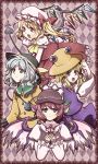  animal_ears argyle argyle_background blonde_hair fingernails flandre_scarlet frame green_eyes grey_eyes grey_hair hair_ribbon hat komeiji_koishi laevatein long_fingernails moriya_suwako multiple_girls mystia_lorelei open_mouth pink_hair red_eyes ribbon salute short_hair side_ponytail smile suou_sakura touhou wings 