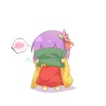  1girl chibi covering_face cowering eiri_(eirri) embarrassed flower hair_ornament hieda_no_akyuu highres japanese_clothes purple_hair scroll short_hair shy simple_background solo spoken_blush touhou 