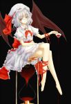  arm_ribbon bad_id bare_legs barefoot bespectacled cup feet glasses hourglass laou_(honey2lemon) leg_ribbon mayoln red_eyes remilia_scarlet silver_hair sitting sitting_on_object spill teacup touhou 