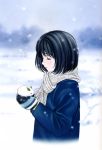  black_hair closed_eyes highres kobayashi_hiyoko mittens oku-sama_wa_joshi_kousei onohara_asami scarf short_hair snow snow_bunny solo 