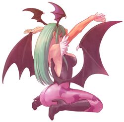  1girl bat_wings boots breasts capcom darkstalkers demon_girl elbow_gloves fingerless_gloves gloves green_eyes green_hair head_wings high_heels highres knhl leotard long_hair looking_back morrigan_aensland pantyhose shoes sitting solo succubus thong underwear vampire_(game) wariza wings 