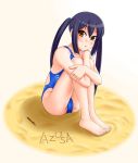  black_hair brown_eyes competition_swimsuit feet k-on! leg_hug long_hair nakano_azusa one-piece_swimsuit sand swimsuit tk4 twintails 