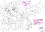  frills gathers guitar hat highres instrument kiira lineart monochrome smile touhou wings 