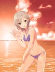  anastasia_(idolmaster) bare_shoulders bikini blue_eyes breasts cleavage fan idolmaster idolmaster_cinderella_girls jewelry navel necklace ocean ok_sign purple_bikini side-tie_bikini silver_hair smile string_bikini sunset swimsuit wading water wet yada_ei 