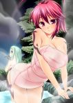  antenna_hair ass bare_shoulders bent_over blush breasts chinkyuu cleavage koihime_musou large_breasts looking_back naked_towel onsen pink_hair ryofu shin_koihime_musou shiny steam tattoo towel 