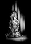  himemiya_chikane japanese_clothes kannazuki_no_miko kneeling long_hair miko monochrome sad seiza sitting solo tears very_long_hair xswallow 