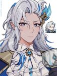  1boy ascot brooch chalice chibi commentary cup genshin_impact grey_hair hair_ornament highres holding holding_cup jewelry long_hair looking_at_viewer male_focus multiple_views neuvillette_(genshin_impact) pointy_ears smile upper_body vickie_(cryingrobot) violet_eyes white_ascot 