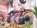  +_+ 1girl ahoge black_gloves blue_archive blush breasts burger chocolate_syrup closed_mouth commentary demon_girl demon_horns eating food gloves grey_hair hair_between_eyes hair_ornament hairclip halo highres holding holding_food holding_spoon horns huge_breasts ice_cream izumi_(blue_archive) long_hair looking_at_viewer plant potted_plant smile solo spoon tayuura_(kuwo) twintails upper_body yellow_eyes 