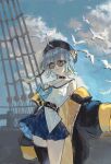  1girl absurdres ahoge anchor_symbol asymmetrical_legwear barbaros_(shadowverse) bird blonde_hair blue_hair blue_skirt clouds cloudy_sky d: glasses hat highres jacket looking_to_the_side multicolored_clothes multicolored_hair multicolored_jacket open_clothes open_jacket pirate_ship seagull shadowverse ship shirt short_hair skirt skull_and_crossbones sky sleeveless sleeveless_shirt sunglasses sutouaki two-tone_hair two-tone_jacket watercraft wind yellow_eyes 