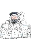  1girl absurdres biting_hair closed_eyes dog goddess_of_victory:_nikke hat highres long_hair poli_(nikke) police police_hat police_uniform policewoman samoyed_(dog) uniform very_long_hair white_hair yuzushouko 