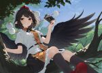  1girl bird_wings black_hair black_ribbon black_skirt black_socks black_wings blue_sky camera collared_shirt commentary_request frilled_skirt frills geta grin hat kanpa_(campagne_9) kneehighs leaf_print outdoors pointy_ears pom_pom_(clothes) red_eyes red_footwear red_headwear ribbon shameimaru_aya shirt shoe_soles sitting skirt sky smile socks solo tengu-geta tokin_hat touhou tree white_shirt wings 