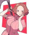  1girl axe brown_hair covering_mouth do_m_kaeru hand_over_own_mouth holding holding_axe long_sleeves okumura_haru parted_lips persona persona_5 pink_sweater ribbed_sweater short_hair solo sweater upper_body wavy_hair 
