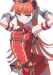  1girl alternate_costume animal_ears arms_up belt belt_bag blue_eyes breasts closed_mouth commentary_request cosplay gloves gold_ship_(umamusume) gold_ship_(umamusume)_(cosplay) hat headphones highres horse_ears horse_tail itosu200 long_hair looking_at_viewer orange_hair pantyhose ribbon silence_suzuka_(umamusume) simple_background small_breasts solo sweat tail umamusume white_background 