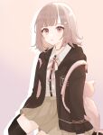  1girl animal_bag backpack bag black_shirt blunt_bangs brown_hair brown_jacket cat_bag danganronpa_(series) danganronpa_2:_goodbye_despair galaga hair_ornament highres ima_(kon_kon_5) jacket long_sleeves medium_hair nanami_chiaki neck_ribbon open_clothes open_jacket over-kneehighs pink_ribbon pleated_skirt ribbon shirt sitting skirt solo thigh-highs two-tone_shirt white_shirt 