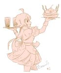  1girl apron back_bow backless_outfit bow catherine_suh commission commissioner_upload facing_to_the_side food from_side holding holding_food looking_at_viewer maid maid_apron monochrome original signature solo tentacle_hair tray 