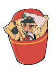  1girl bandaged_arm bandages blonde_hair blush blush_stickers cape cheek_bulge chibi clover crumbs dark-skinned_female dark_skin eating food food_on_face four-leaf_clover french_fries guilty_gear guilty_gear_strive hat highres holding holding_food in_container in_food itsuka_neru jitome light_blush looking_ahead lucifero_(guilty_gear) medium_hair mini_person minigirl no_mouth orange_eyes ramlethal_valentine red_bandage simple_background solo sparkle sweatdrop white_background white_headwear 